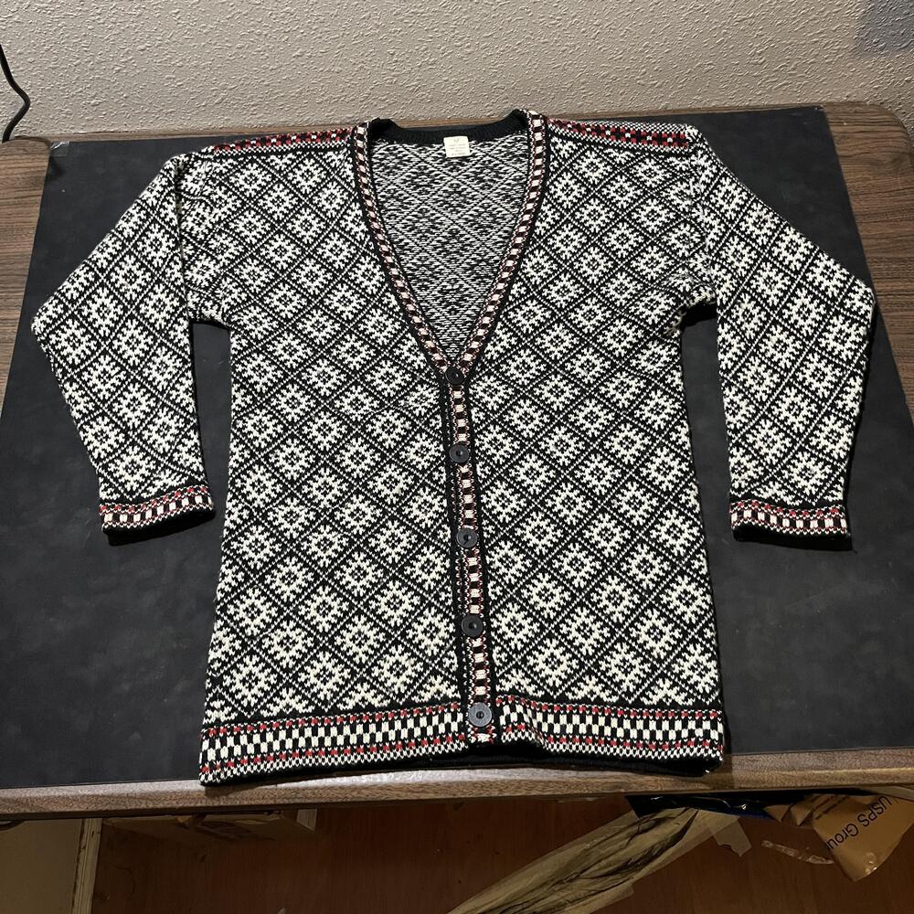Fair Isle Cardigan Sweater Womens Medium 1970s Wool Nordic Knit Button Birdseye